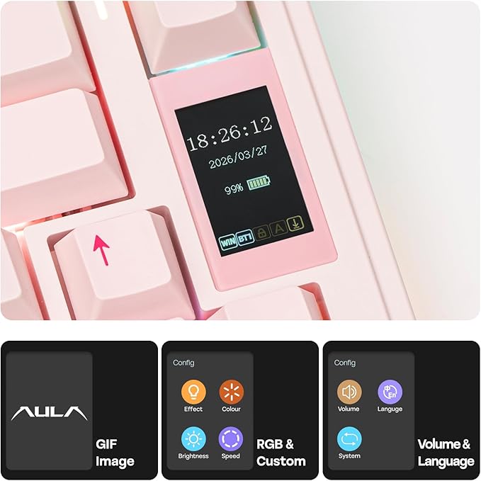 EPOMAKER X Aula EA75 MAX Wireless Gaming Keyboard with Screen & Knob, 5000mAh, Hot-Swap, Lubed Switches, RGB Backlit, Creamy Gasket, 75% Mechanical Keyboard (Pink, Silent Cotton Candy Switch)
