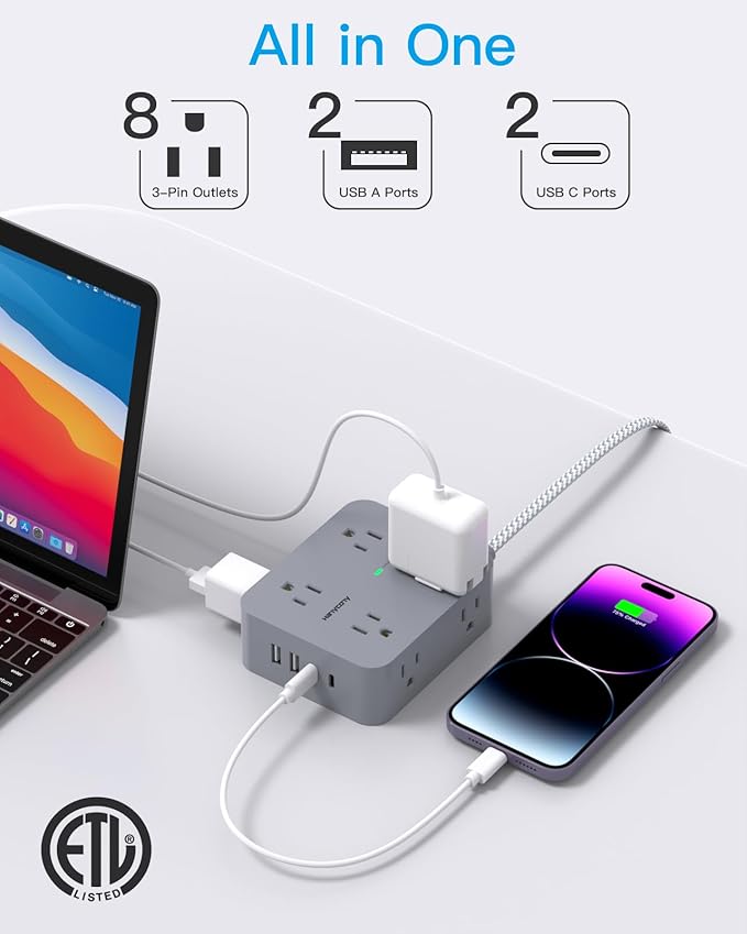 Surge Protector Power Strip 15 Ft Long Cord, HANYCONY 8 Outlets 4 USB Ports(2 USB C), Flat Plug, Desk Charging Station for Home Office College Dorm Room Essentials