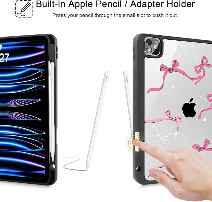 Tuiklol for iPad Pro 12.9 Inch 6th/5th/4th/3rd Generation 2022 2021 2020 2018 Case,Built-in Pencil Holder Clear Transparent Protective Back Shell Cover with Auto Sleep/Wake, Bow-Black