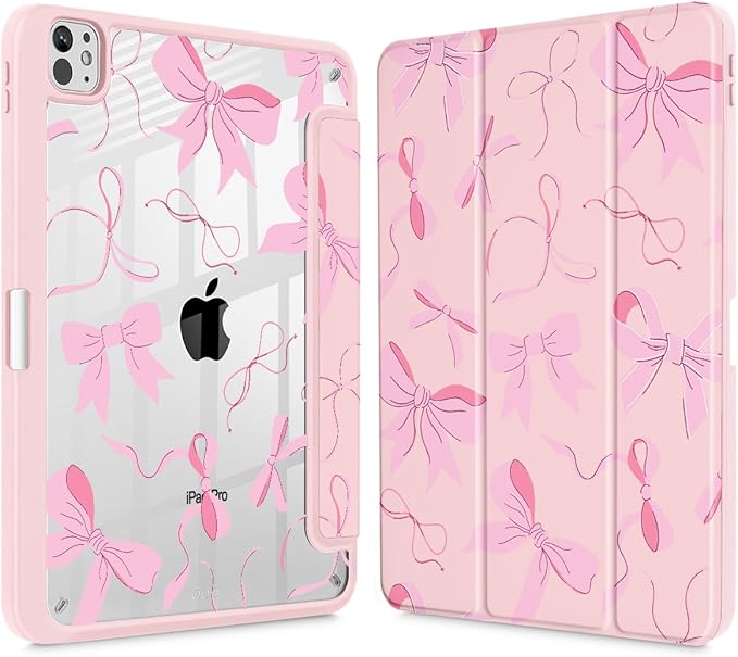 May Chen Case for iPad Pro 11-Inch M5/M4 2025/2024 (6th/5th Generation), Clear Transparent Print Back Shell Slim Stand Shockproof Tablet Cover, Auto Wake/Sleep, Pink Bows P631