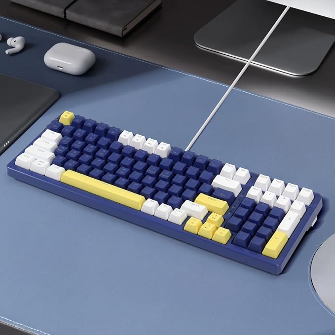 Merdia Wireless Mechanical Keyboard, Triple Mode 2.4G/USB-C/BT Gaming Keyboards 100 Keys Ice-Blue Backlit, Brown Switch Keyboard | Rechargeable Mechanical Gaming Keyboards | Blue/White/Yellow