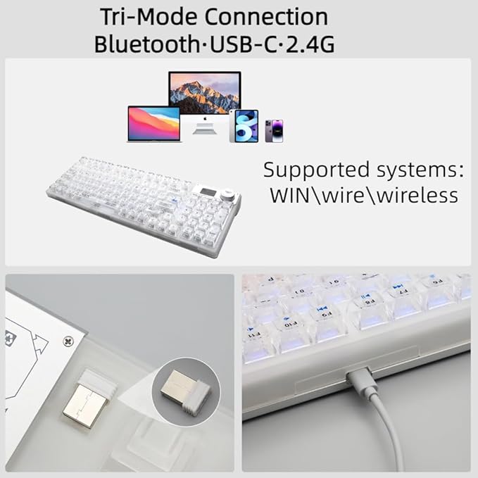 F98 Pro 95% Hot-Swappable Mechanical Keyboard – Transparent Keycaps, RGB Backlit Gaming Keyboard, Tri-Mode BT5.0/2.4G/USB-C, OLED Display, 4000mAh Battery, Pink (White)