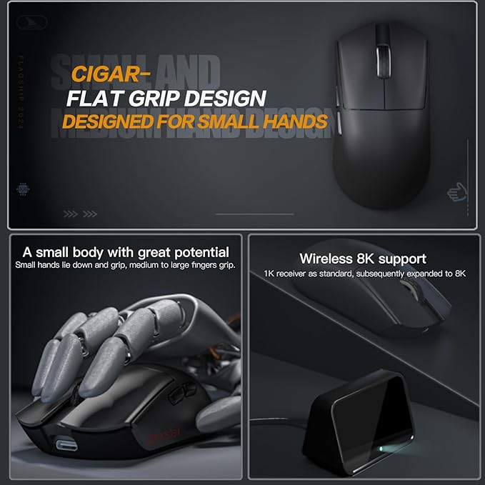 Darmoshark M3microPRO Mini Wireless Gaming Mouse,Tri-Mode 2.4G/USB-C/Bluetooth Mouse Up to 30000DPI,PAW3950 Optical Sensor Lightweight 43g,8 programmable Button,Computer Mouse for PC,Mac-B