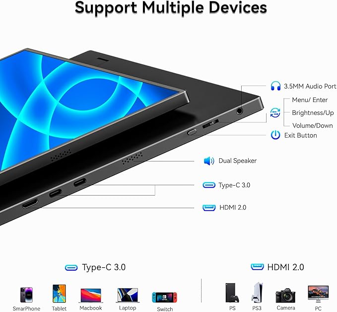 WUAWE Portable Monitor, 15.6'' 72% NTSC 100% sRGB USB C HDMI Travel Monitor for Laptop with Built-in Stand, HDR Freesync Low Blue Light for PC Mac Phone PS5 Switch.