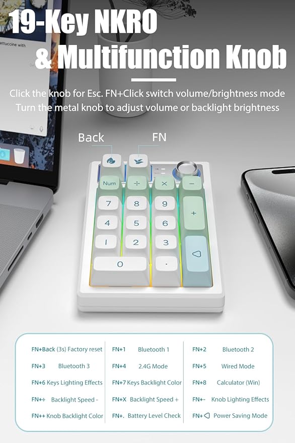 Gasket Creamy Mechanical Numpad Programmable Macro Keypad Wireless 2.4G/Bluetooth 5.0/Wired USB-C RGB Backlit Hot Swappable Number Pad Rechargeable Numeric Keyboard Metal Knob for Win/Mac