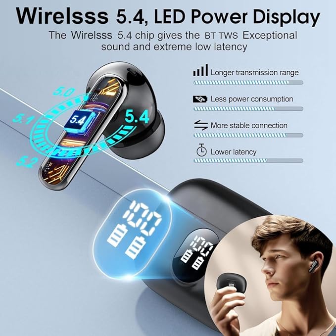 Wireless Earbuds, Bluetooth 5.4 Headphones Ear Buds With Bass Stereo Sound Noise Reduction Earphones, 120H Playtime,IPX7 Waterproof USB-C , Touch Control LED Display Headset For Work Sport (Black)