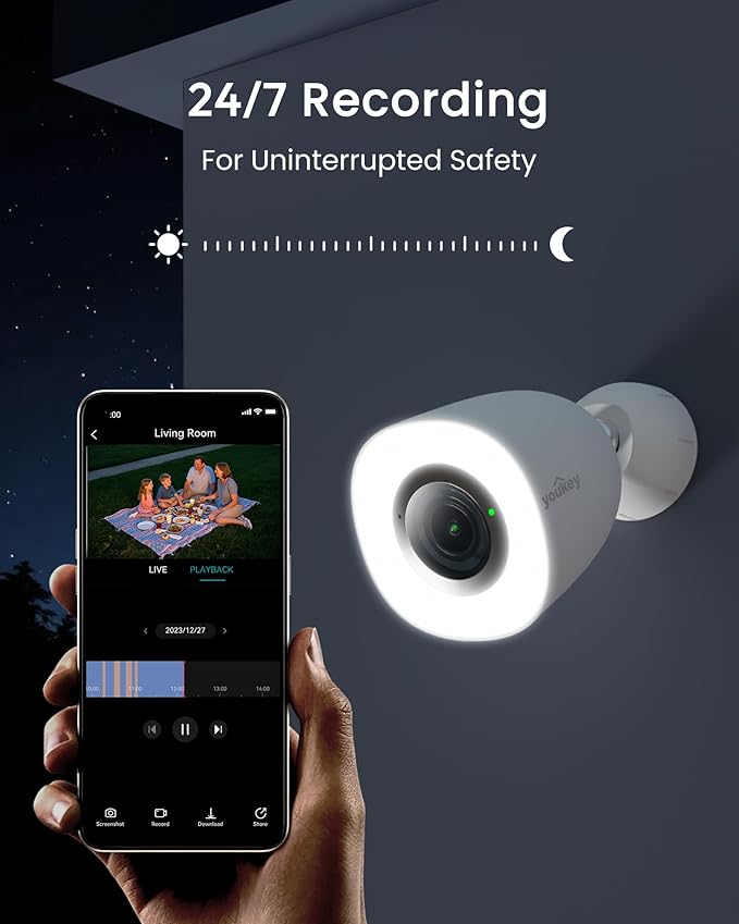 youkey 4K Plug-in Security Camera Outdoor, F1.0 Color24 Night Vision, Plug-in Cameras for Home Security Outside, 24/7 Continuous Recording, 130°FOV, 2.4/5GHz WiFi 6, Bluetooth Pairing, No Monthly Fees