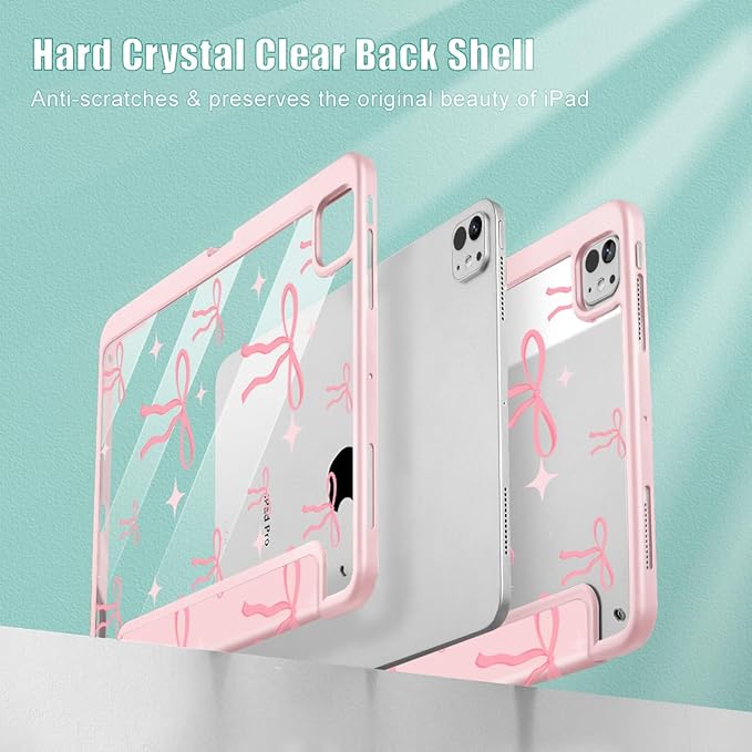 May Chen Case for iPad Pro 11-Inch M5/M4 2025/2024 (6th/5th Generation), Clear Transparent Print Back Shell Slim Stand Shockproof Tablet Cover, Auto Wake/Sleep, Pink Bows P721