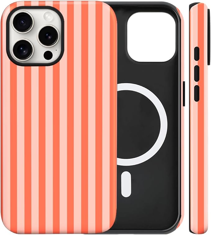 Magnetic for iPhone 15 Case Cute Stripes Phone Case, Shockproof Slim TPU and Hard PC Protective Phone Cover Compatible with MagSafe Designed for Women Girls, Deep Orange