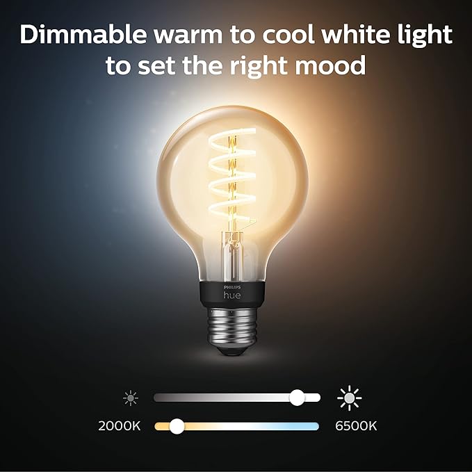 Philips Hue Smart 60W G25 Filament LED Bulb - White Ambiance Warm-to-Cool White Light - 2 Pack - 550LM - E26 - Indoor - Control with Hue App - Works with Alexa, Google Assistant and Apple Homekit