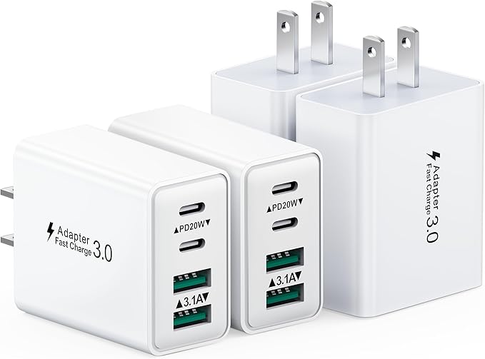 4-Pack USB C Charger Block, 40W 4-Port Type C Charger Fast Charging Block, Dual PD Power Adapter+ QC Wall Plug Multiple USBC Block Cube for iPhone 17 16 15 14 13 12 11 Pro Max Plus, Galaxy, iPad