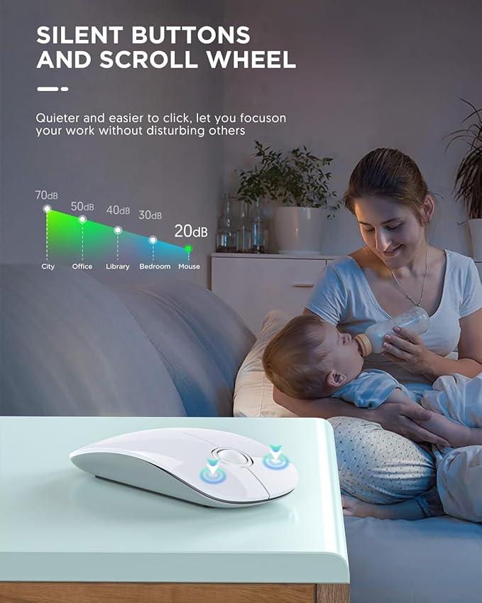 RAPIQUE Bluetooth Wireless Mouse - (BT5.1+USB) Slim Dual Mode Computer Mice with Quiet Click, Low Power, and 1600 DPI, Portable Cordless for MacBook, Laptop, iPad Pro/Air, Chromebook (White)
