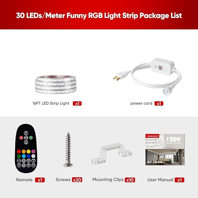 Shine Decor 120V RGB LED Strip Light Remote Control, Cold Resistant IP65 Waterproof Outdoor Strip Lighting Color Changing, Connectable Lite Multicolor Lighting Strip 7x13mm, 16 FT 150 LEDs ETL Listed