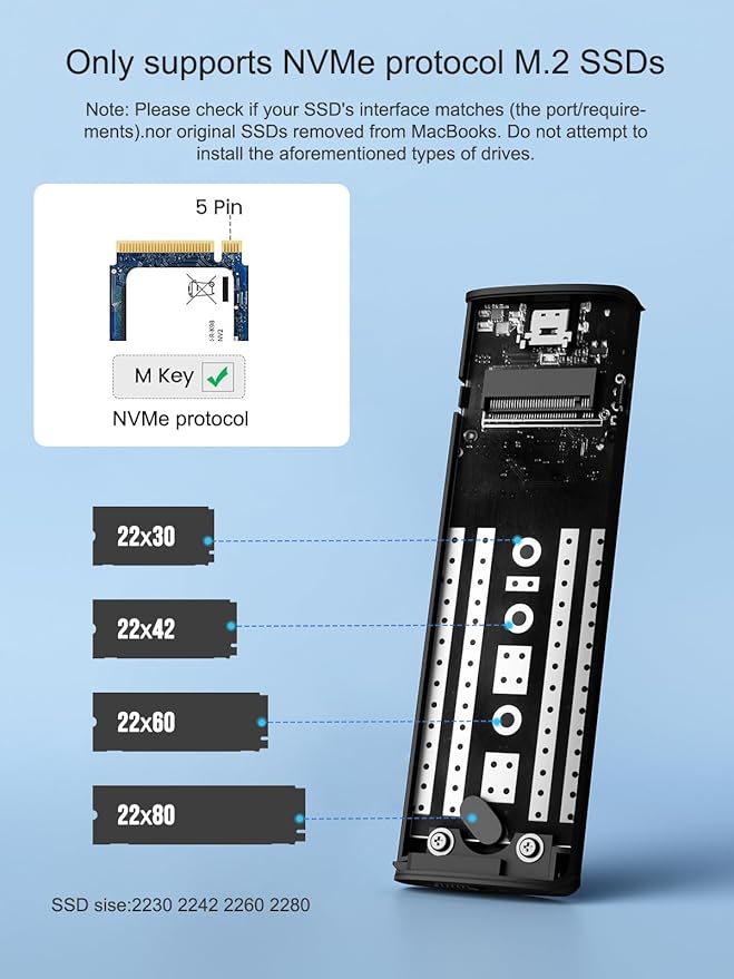 Lemorele Aluminum M.2 NVMe Enclosure,USB 3.2 Gen2 10Gbps Tool-Free ,SSD Enclosure for NVMe PCIe M-Key,Nvme USB Adapter Support UASP Trim for 2280 2260 2242 2230(Sata NOT Supported)