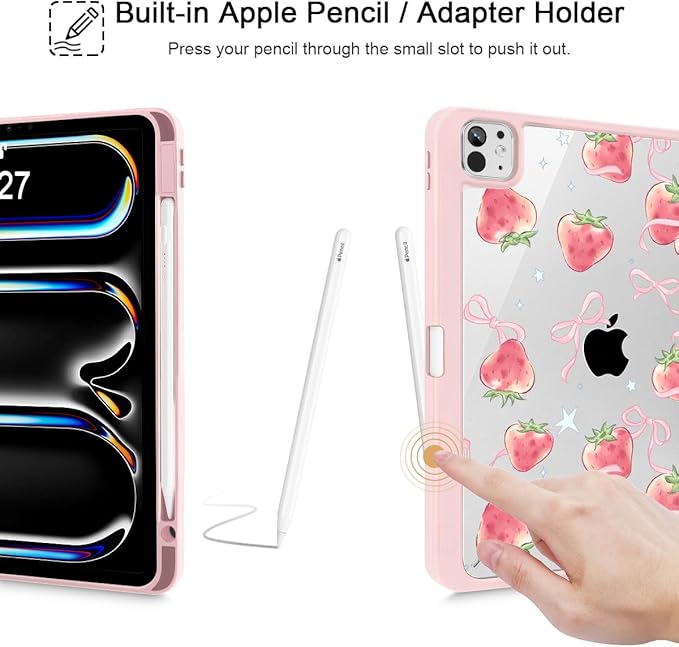 May Chen Case for iPad Pro 11-Inch M5/M4 2025/2024 (6th/5th Generation), Clear Transparent Print Back Shell Slim Stand Shockproof Tablet Cover, Auto Wake/Sleep, Bow Strawberry