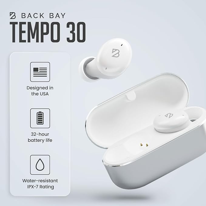 Back Bay Audio Tempo 30 Wireless Earbuds for Small Ears - Award-Winning Sound, Sweatproof Bluetooth Earbuds, Tech Fitness Gifts for Men, Comfortable Bluetooth Ear Buds for Women - White