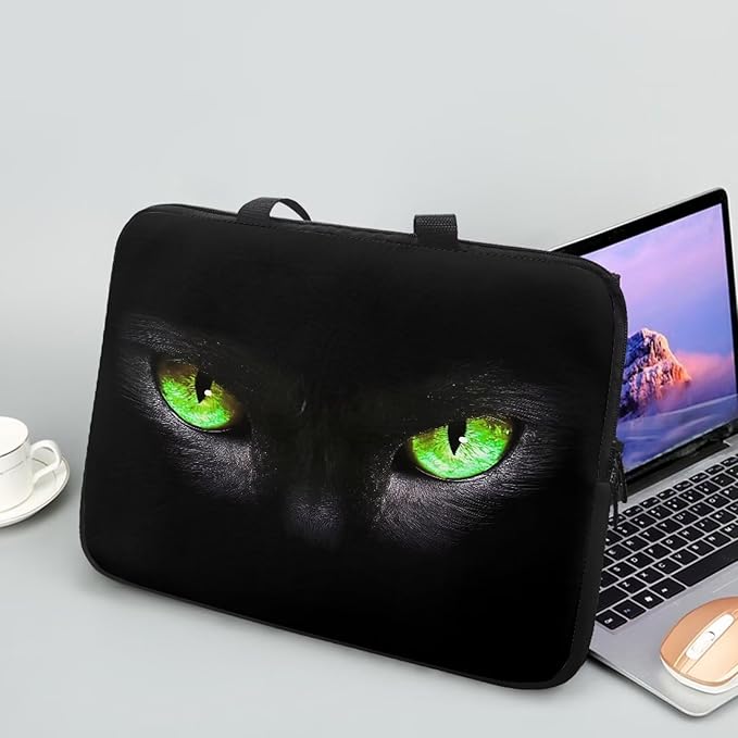 17 Inch Laptop Sleeve, Black Cat Green Eyes Laptop Cover Computer Bag Tablet Carrying Case with Handle, Funny Printed Notebook Case Handbag Briefcase Shoulder Bag for Office/School