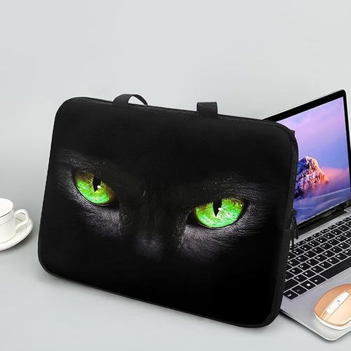12 Inch Laptop Sleeve, Black Cat Green Eyes Laptop Cover Computer Bag Tablet Carrying Case with Handle, Funny Printed Notebook Case Handbag Briefcase Shoulder Bag for Office/School