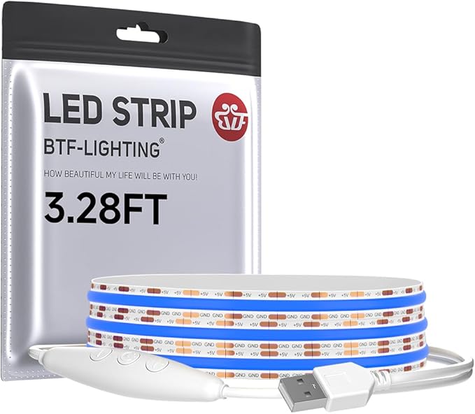BTF-LIGHTING FCOB COB FOB LED Strip Lights 5V USB Powered 3.28FT 320LEDs Blue Color 8mm Width Dimmable CRI 90+ with 3M Tape Flexible High Density for 3D Printer TV Backlight PC DIY Decor