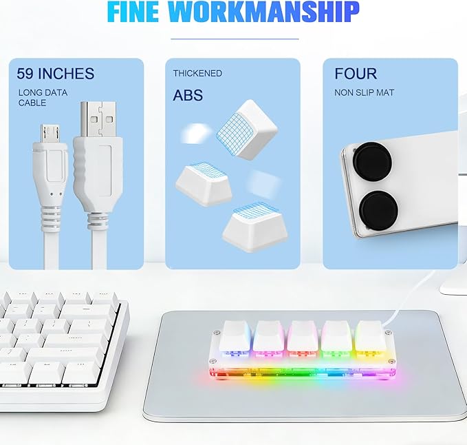 aikeec 5 Keys Mini Macro Mechanical Keyboard White Programmable Gaming Keypad Hot Swap USB Wired for Windows Mac OSU Cherry MX Switches & RGB LED