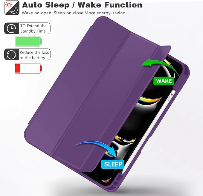 ZryXal iPad Pro 11 Inch Case (M5) 2025/ (M4) 2024 (Model: A2836/A2837/A3006), Trifold Stand Smart Cover with Pencil Holder and Soft TPU Back, Auto Wake/Sleep (Dark Purple)