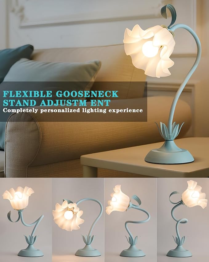 WERFOP Flower Table Lamp, LED Reading Light Vintage Bedside Table Lamp with 3 Color Modes for Nightstand, Kawaii Decoration for Home Bedroom Living Room (Blue)
