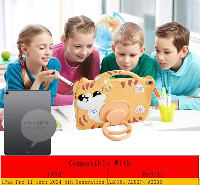 3D Cute Vivid Cat Case for iPad Pro 11 inch 2024 M4(5th Gen),Kawaii Cartoon Character Pretty Cat Soft Silicone Rotating Stand Case with Lanyard for Kids Teens Girls Women
