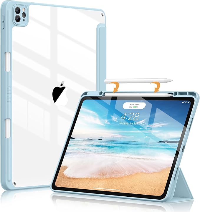 Soke Case for iPad Pro 12.9 Inch (6th/5th/4th/3rd Generation, 2022/2021/2020/2018) - Pencil Holder + Auto Sleep/Wake + Camera Protection, Transparent Shockproof Back Cover,Sky Blue