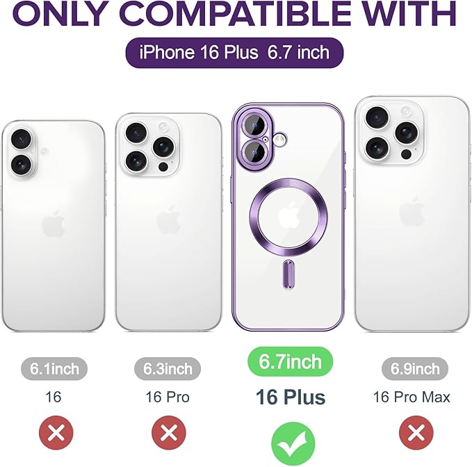 Hython Magnetic Clear for iPhone 16 Plus Case with Camera Lens Protector [Compatible with MagSafe] Luxury Plating Edge Slim Soft TPU Cover Protective Phone Case for iPhone 16 Plus 6.7", Deep Purple