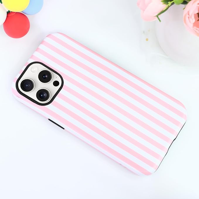 Magnetic for iPhone 16 Pro Max Case Cute Stripes Phone Case, Shockproof Slim TPU and Hard PC Protective Phone Cover Compatible with MagSafe Designed for Women Girls, Pink and White