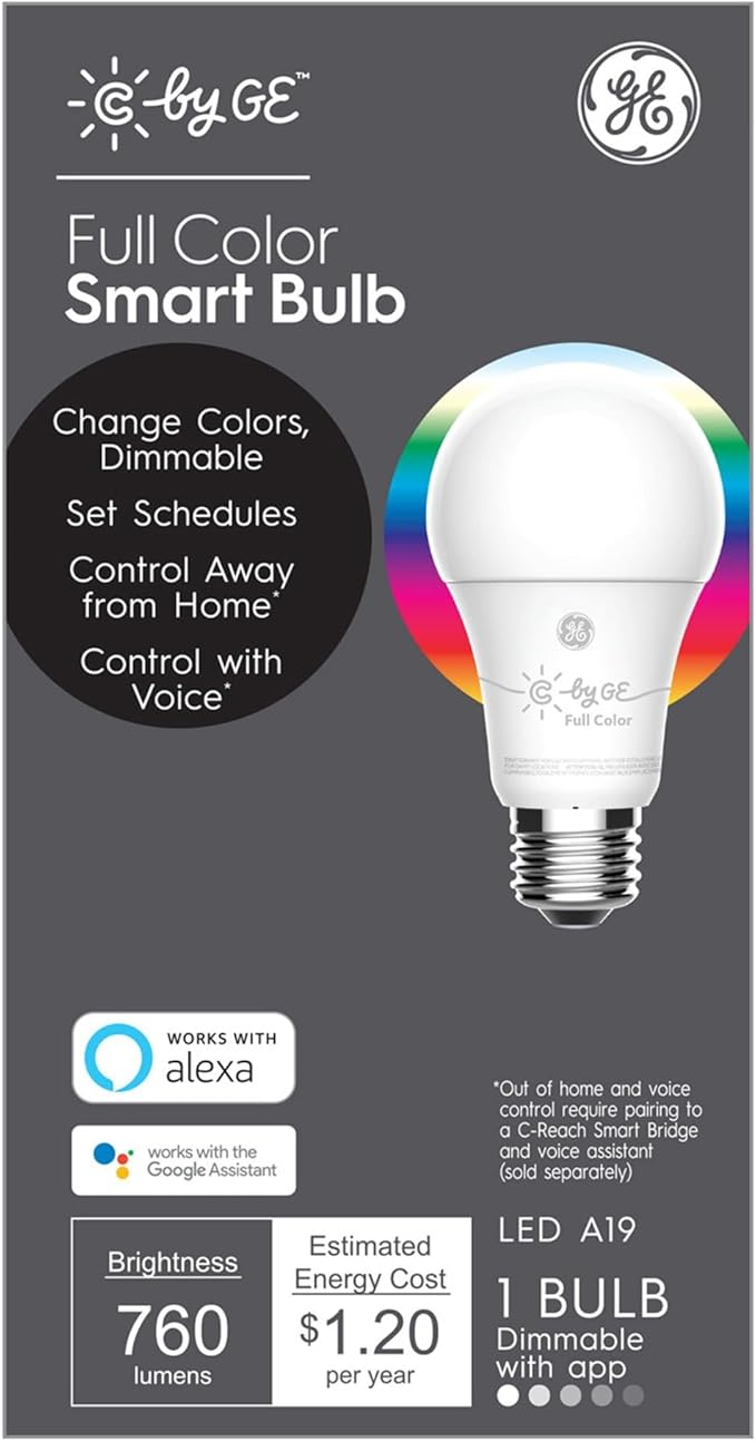 GE CYNC Smart LED Light Bulb, Full Color, Bluetooth Enabled, Alexa and Google Home Compatible,White, (1 Pack), Packaging May Vary