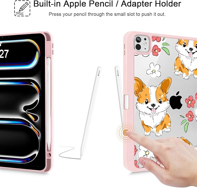 May Chen Case for iPad Pro 11-Inch M5/M4 2025/2024 (6th/5th Generation), [Penceil Holder] Trifold Stand Auto Wake/Sleep Clear TPU Protection Back Cover, Corgi Dog Stripes