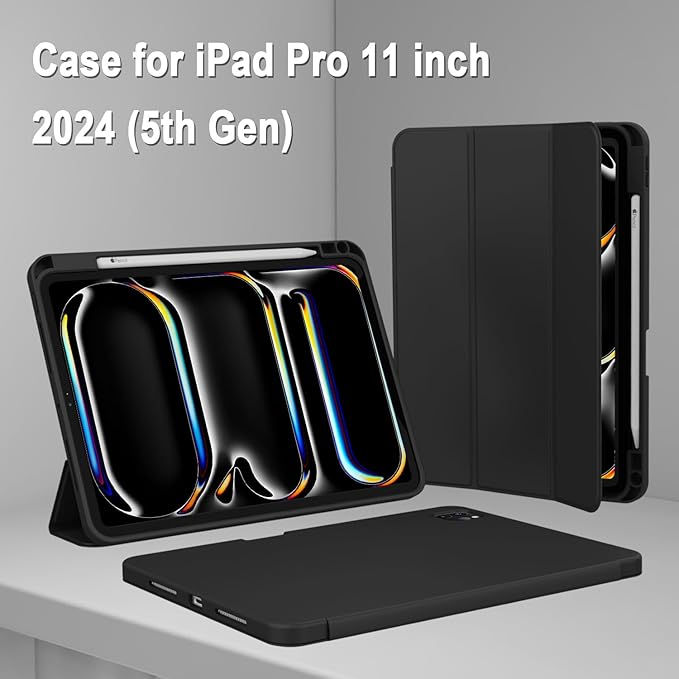 ZryXal iPad Pro 11 Inch Case (M5) 2025/ (M4) 2024 (Model: A3357,A3358,A3359,A2836/A2837/A3006), Trifold Stand Smart Cover with Pencil Holder and Soft TPU Back, Auto Wake/Sleep (Black)