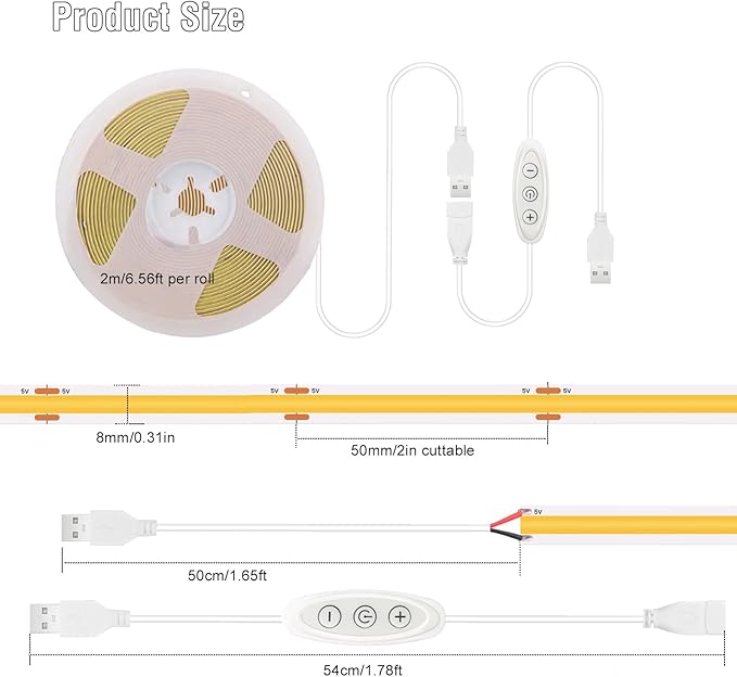 LED Strip Lights 6ft, Warm White COB LED Light Strip USB Powered, Dimmable 2700K CRI92+, Cuttable Flexible TV Backlight for Cabinet Bedroom Kitchen