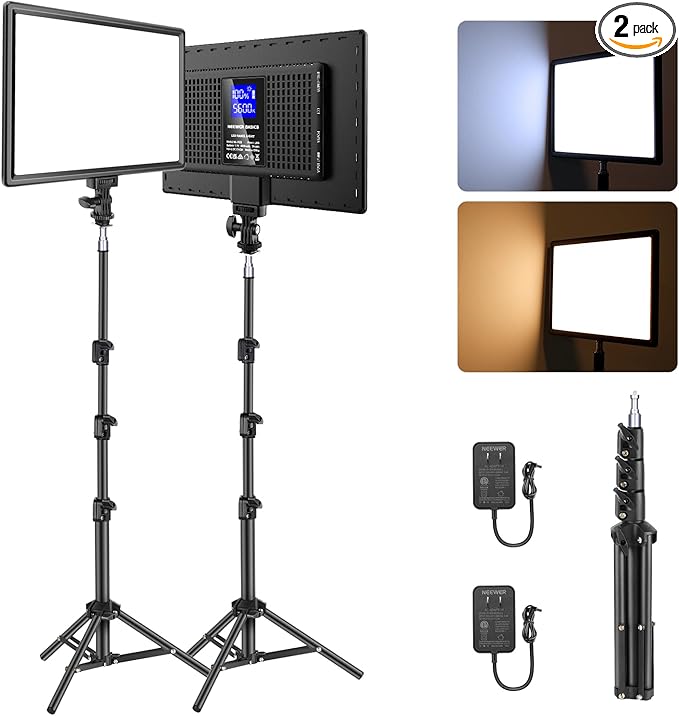 NEEWER BASICS 13" LED Video Light Panel, 2 Pack Studio Lighting Kit with Tripod Stands, Bi Color Photo Key Light for Streaming Photography Podcast Recording, 2400Lux 3200-5600K CRI97+ 8000mAh, NL-192B