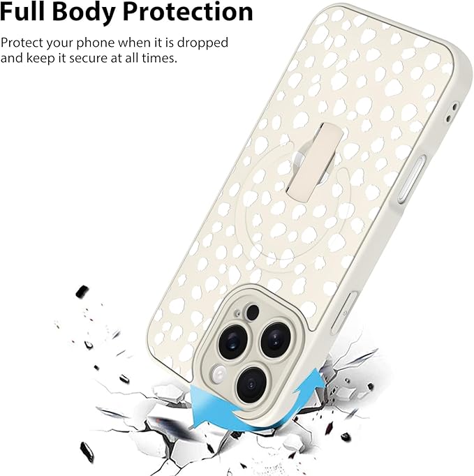 KANGHAR Compatible with iPhone 16 Pro Max Case, Support for MagSafe, Silicone Speck Leopard Cute Pattern, Wristband Kickstand Camera Protection Soft Slim Cover for Girls Women -White