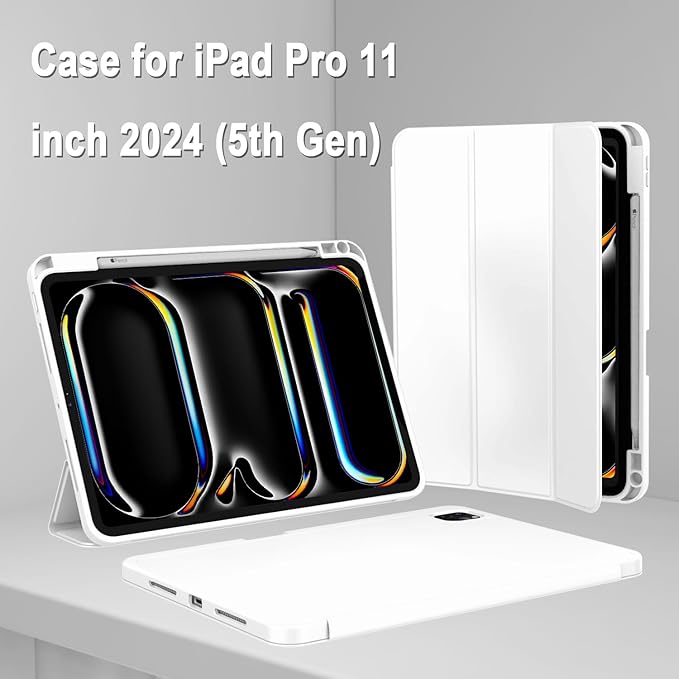 ZryXal iPad Pro 11 Inch Case (M5) 2025/ (M4) 2024 (Model: A2836/A2837/A3006), Trifold Stand Smart Cover with Pencil Holder and Soft TPU Back, Auto Wake/Sleep (White)