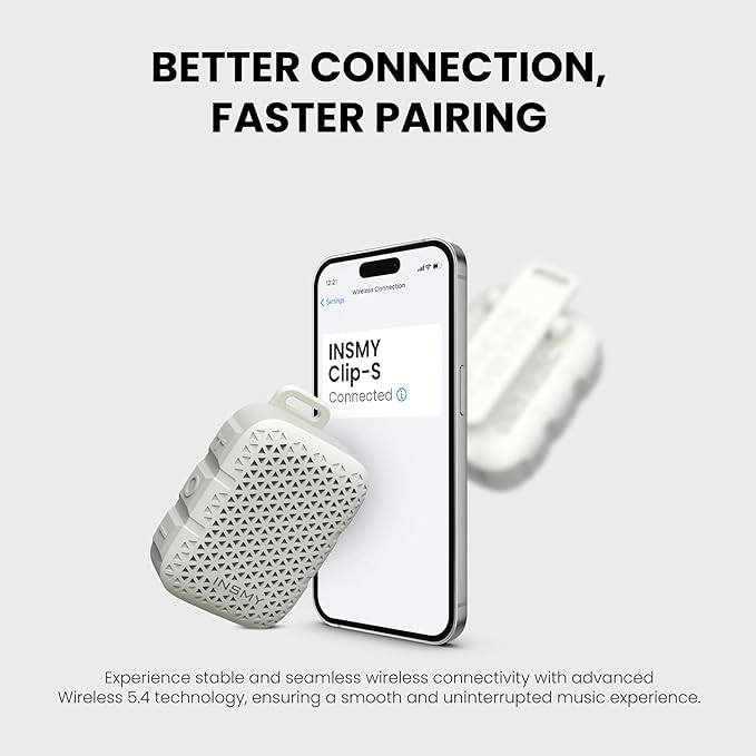 INSMY Wearable Bluetooth Speakers,IP67 Waterproof,Clip-On Portable Small Personal Speaker/Clean Sound/Stereo Pair/Wireless/ENC Built-in Mic/Lightweight for Golf Work Pool Gift(Non-Magnetic) (White)