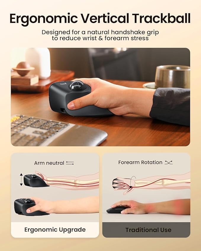ProtoArc Vertical Wireless Trackball Mouse, EM05 NL Bluetooth Ergonomic Rollerball Mouse Rechargeable Computer Laptop Thumb Mice, 3 Device Connection, Compatible with iPad, Mac, Windows, PC-Gray