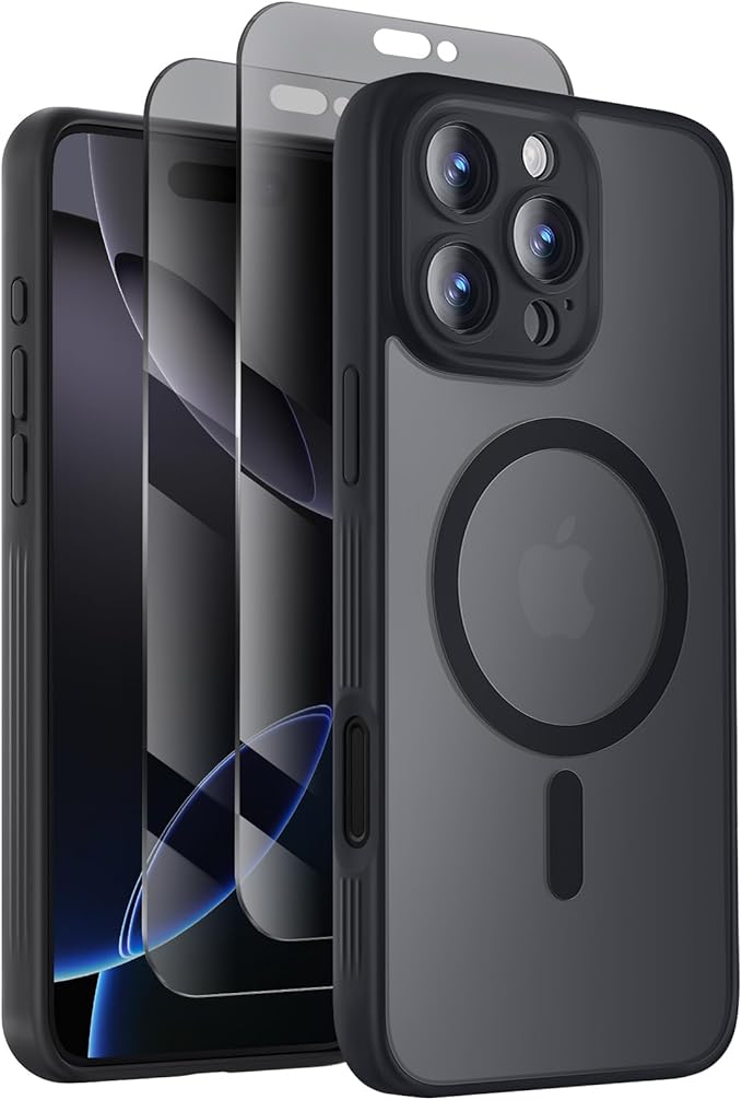Symcele Designed for iPhone 16 Pro Case, Compatible with MagSafe, with Privacy Screen Protectors X2, [Camera Protection] [15FT Military Drop Protection] Shockproof Phone Case, 2024, Black