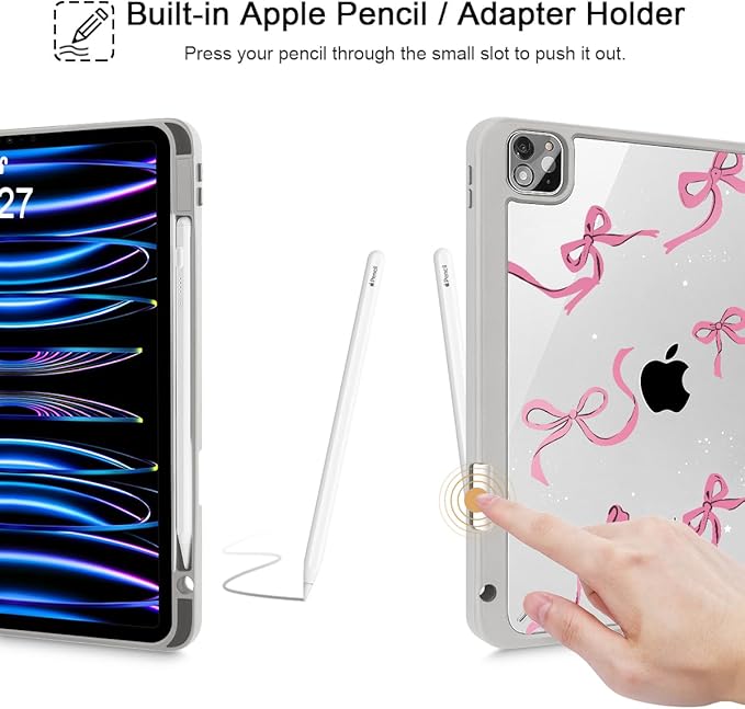 May Chen for iPad Pro 13 Inch Case M5 2025 / M4 2024, Built Pencil Holder & Clear Transparent Print Back Shell Slim Stand Shockproof Tablet Cover, Auto Wake/Sleep, Khaki Bows