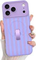 KANGHAR Compatible with iPhone 17 Pro Max Case, Support for MagSafe, Silicone Stripes Cute Pattern, Wristband Kickstand Camera Protection Soft Slim Cover for Girls Women -Purple