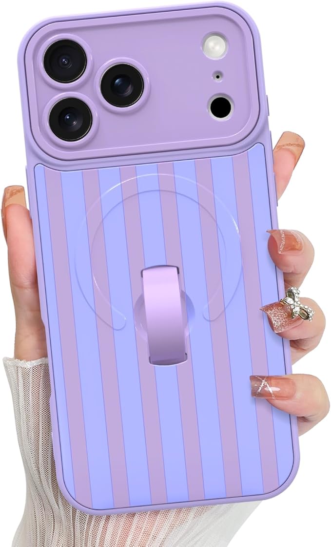 KANGHAR Compatible with iPhone 17 Pro Max Case, Support for MagSafe, Silicone Stripes Cute Pattern, Wristband Kickstand Camera Protection Soft Slim Cover for Girls Women -Purple