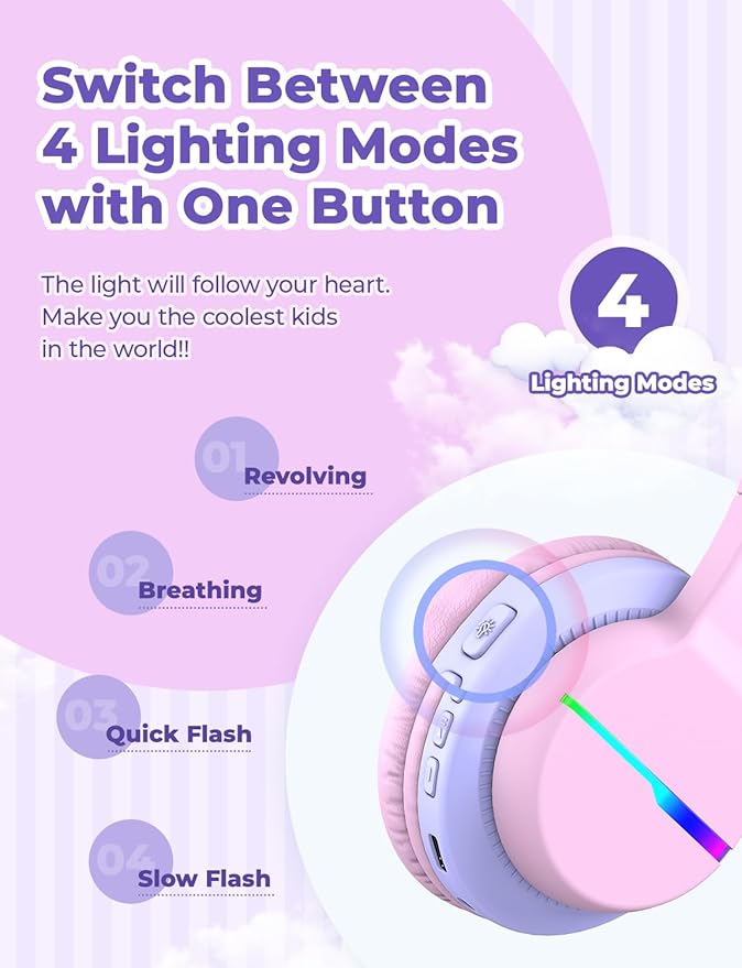 iClever BTH12 Kids Bluetooth Headphones,Colorful LED Lights,74/85dBA Safe Volume,85H Playtime,Bluetooth 5.2,Over Ear Headphones Built-in Mic for iPad/Tablet/Airplane,Blossom Pink
