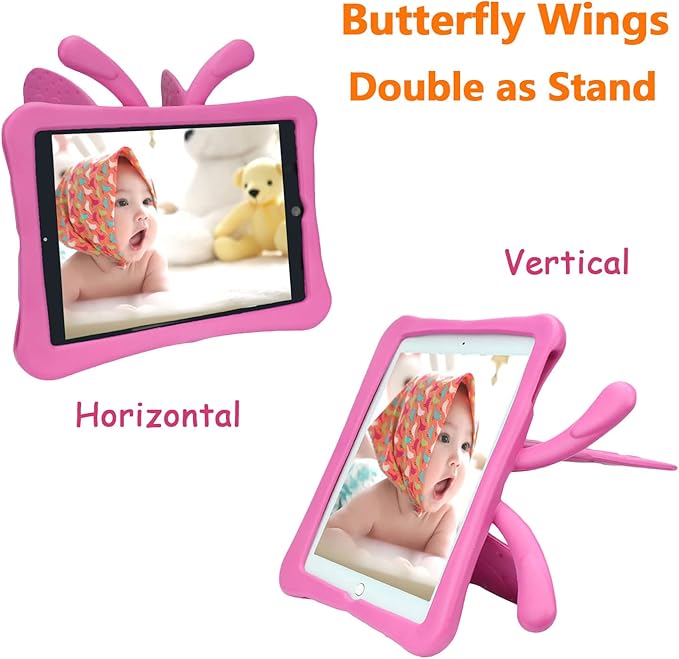iPad 9th 8th 7th Generation Case Kids Girls, Cute Butterfly Shockproof EVA Foam Super Protection Stand Cover for iPad 2021 2020 2019 10.2" and iPad Air 3 Pro 10.5" - Rose