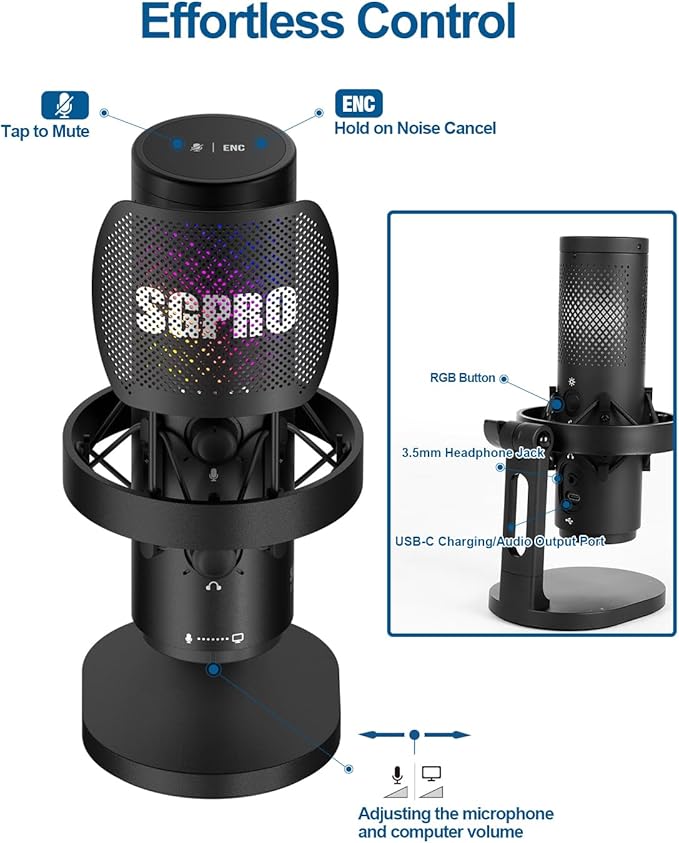 SGPRO Wireless USB Microphone for Streaming, Podcast, SG-CM25 Gaming Condenser Mic with RGB, Noise Cancellation, Tap to Mute, 24-bit/48kHz Recording, Includes Shock Mount & Pop Filter (PC/Mac/Mobile)