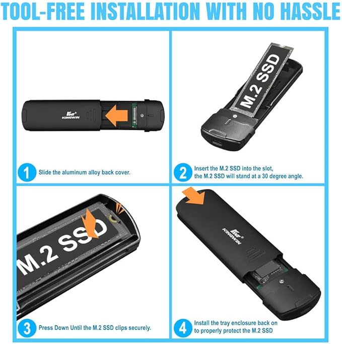 Kingwin M.2 NVMe SSD Enclosure USB-C 3.2 Gen 2, 10Gbps Type-C to NVMe External Adapter, Tool-Free Aluminum Case for M-Key/B+M Key PCIe M.2 2280/2260/2242/2230, Portable SSD Converter