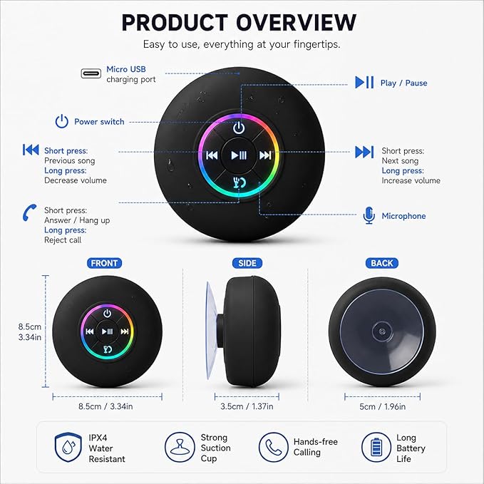Bluetooth Shower Speaker with LED – Portable Wireless Mini Speaker with Mic & Suction Cup, IPX4 Water Resistant for Shower, Travel, Pool, River Floating, and Outdoor Fun (Green)