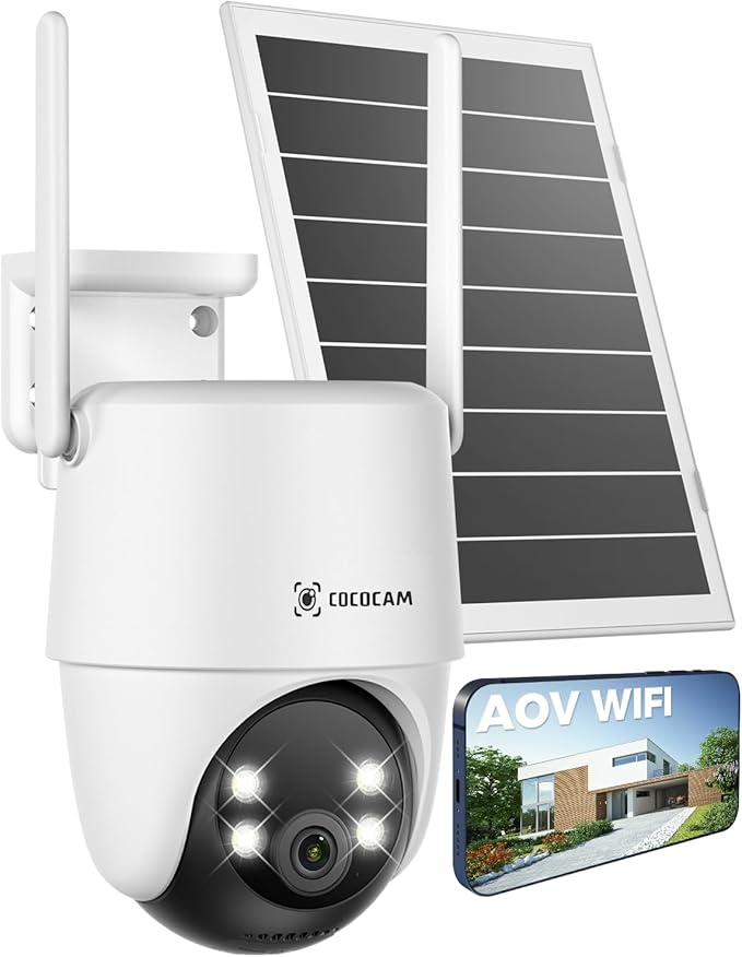 COCOCAM 24/7 Recording AOV WiFi Security Camera Outdoor Wireless with 10000mAh Battery 8W Solar Panel, 2K PTZ, 30 Meters Night Vision, AI Detection, AI Tracking, Two-Way Audio