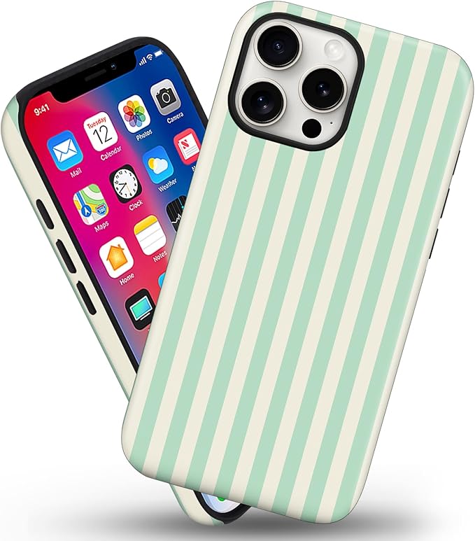 Magnetic for iPhone 13 Pro Case Cute Stripes Phone Case, Shockproof Slim TPU and Hard PC Protective Phone Cover Compatible with MagSafe Designed for Women Girls, Light Green
